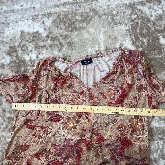 VICI Womens blouse Pink Red Floral Metallic Threading Flowy Boho top Size SM - Picture 4 of 10